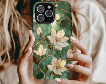 Magnolia Floral Artistic Stained Glass White Jade Aesthetic Phone Case iPhone 16 15 14 13 12 Pro Max Tough Case Samsung Pixel 8 S23 s24