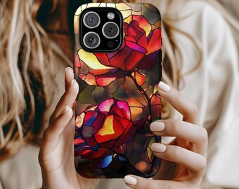 Custom Stained Glass Rose Sunlight Vibrant Jewel Tones Phone Case Floral Aesthetic iPhone 16 15 14 13 12 Pro Max Tough Case Pixel 8 S23 s24