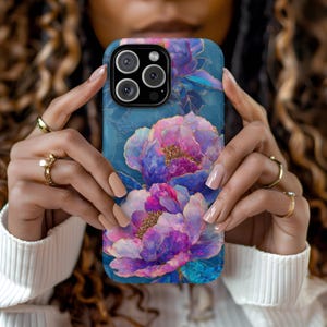 Floral Peony Artistic Stained Glass Light Teal Pink Aesthetic Phone Case iPhone 16 15 14 13 12 Pro Max Tough Case Samsung Pixel 8 S23 s24