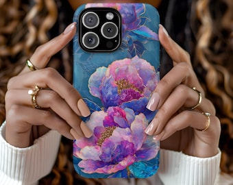 Floral Peony Artistic Stained Glass Light Teal Pink Aesthetic Phone Case iPhone 16 15 14 13 12 Pro Max Tough Case Samsung Pixel 8 S23 s24