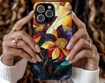 Custom Stained Glass Vibrant Flower Jewel Tones Phone Case Floral Aesthetic iPhone 16 15 14 13 12 Pro Max Tough Case Pixel 8 S23 s24