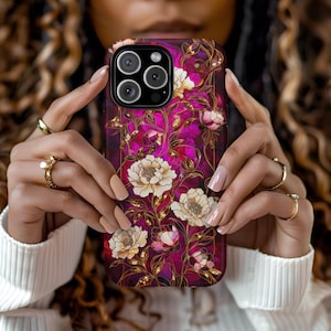 Floral Vines Artistic Stained Glass Pink Magenta Aesthetic Phone Case iPhone 16 15 14 13 12 Pro Max Tough Case Samsung Pixel 8 S23 s24
