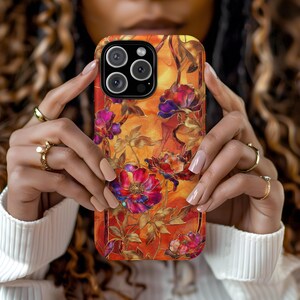 Floral Stained Glass Pink Orange Aesthetic Phone Case iPhone 16 15 14 13 12 Pro Max Tough Case Samsung Pixel 8 S23 s24