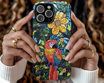Custom Stained Glass Parrot Macaw Phone Case Bird Lover Gift Aesthetic iPhone 17 16 15 14 13 12 Pro Max Tough Case Samsung Pixel 8 S23 s24