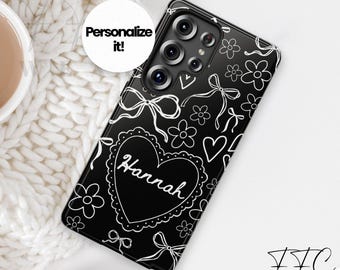 Personalized Coquette Phone Case: Black & White Bows, Hearts, Flowers
