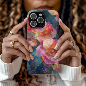 Romantic Floral Artistic Stained Glass Green Gold Pink Aesthetic Phone Case iPhone 16 15 14 13 12 Pro Max Tough Case Samsung Pixel 8 S23 s24