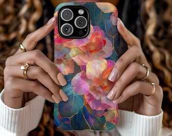 Romantic Floral Artistic Stained Glass Green Gold Pink Aesthetic Phone Case iPhone 17 16 15 14 13 12 Pro Max Tough Case Samsung Pixel 8 S24