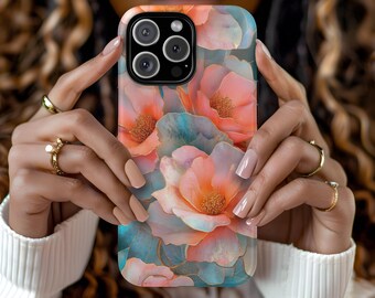 Floral Artistic Stained Glass Peach Pearl Aesthetic Phone Case iPhone 16 15 14 13 12 Pro Max Tough Case Samsung Pixel 8 S23 s24