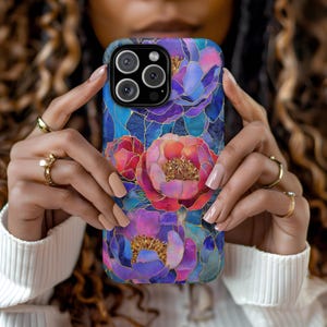 Floral Peony Artistic Stained Glass Light Pink Aesthetic Phone Case iPhone 16 15 14 13 12 Pro Max Tough Case Samsung Pixel 8 S23 s24