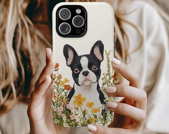 Pies Boston Terrier Kwiatowy Twardy Etui na Telefon Miłośnik Zwierząt Prezent Uroczy Projekt Pies Mama Prezent Urodzinowy Sentymentalny Personalizuj