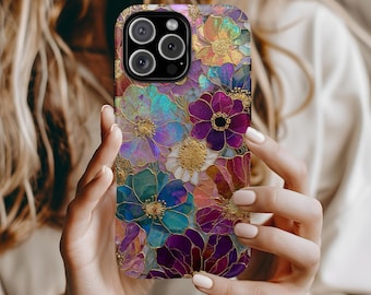Custom Stained Glass Flowers Nature Lover Gift Phone Case Floral Aesthetic iPhone 17 16 15 14 13 Pro Max Tough Case Samsung Pixel 8 S23 s24