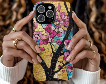 Custom Stained Glass Cherry Blossom Tree Gold Phone Case Floral Aesthetic iPhone 16 15 14 13 12 Pro Max Tough Case Samsung Pixel 8 S23 s24