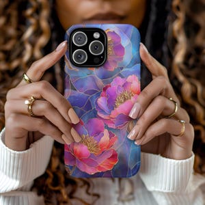 Floral Peony Artistic Stained Glass Light Pink Purple Aesthetic Phone Case iPhone 16 15 14 13 12 Pro Max Tough Case Samsung Pixel 8 S23 s24