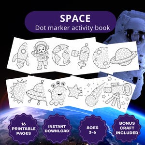 Può includere: Un libro di attività con pennarelli a punta per lo spazio con 16 pagine stampabili in bianco e nero di un razzo, astronauta, Terra, satellite, luna, pianeta, sole, UFO, alieno, stella, cometa e telescopio. Include il testo: SPACE Dot marker activity book.