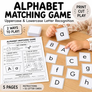 May include: An alphabet matching game featuring 52 letter cards and a 5-page instruction sheet. The cards are white squares with black uppercase and lowercase letters. The instruction sheet outlines two ways to play, memory match and find my match, to help with letter recognition.