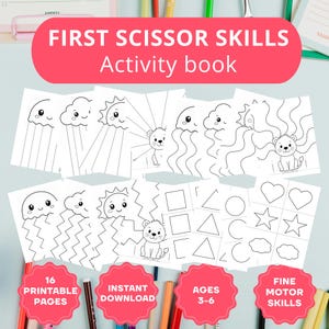 May include: A digital activity book titled FIRST SCISSOR SKILLS featuring 16 printable pages for ages 3-6. The pages contain black and white line art illustrations of clouds, suns, lions, and geometric shapes designed to practice cutting skills.
