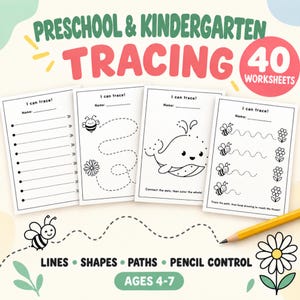 May include: A set of 40 preschool and kindergarten tracing worksheets featuring black and white line art. The pages include activities for lines, shapes, paths, and pencil control, with illustrations of bees, flowers, and a whale. A yellow pencil is shown.