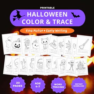 Może przedstawiać: Zestaw 20 stron do druku z ćwiczeniami Halloween koloruj i rysuj po śladzie dla wczesnej nauki pisania. Każda biała strona zawiera czarne rysunki liniowe o tematyce Halloween z kropkowanym tekstem do odrysowywania słów takich jak Pumpkin.