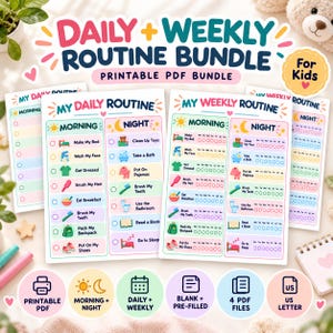 May include: A Daily and Weekly Routine Bundle for kids featuring printable PDF charts. The documents include colorful icons and text for morning and night tasks like making the bed, brushing teeth, and packing a backpack, organized in a clear, grid-based layout.