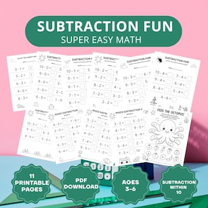 May include: A collection of printable subtraction worksheets for children aged 3-6. The worksheets feature simple math problems and colorful illustrations, including an octopus-themed activity. The set includes 11 pages and is designed for subtraction within 10.