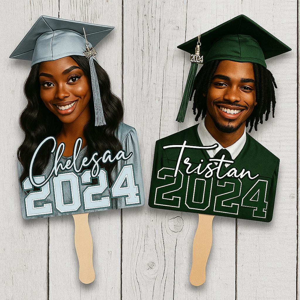 Personalized Graduation Face Fans – Class of 2025 | Custom Head Cutouts with Wooden Handles | Grad Party Big Head Props Face on a Stick Fans