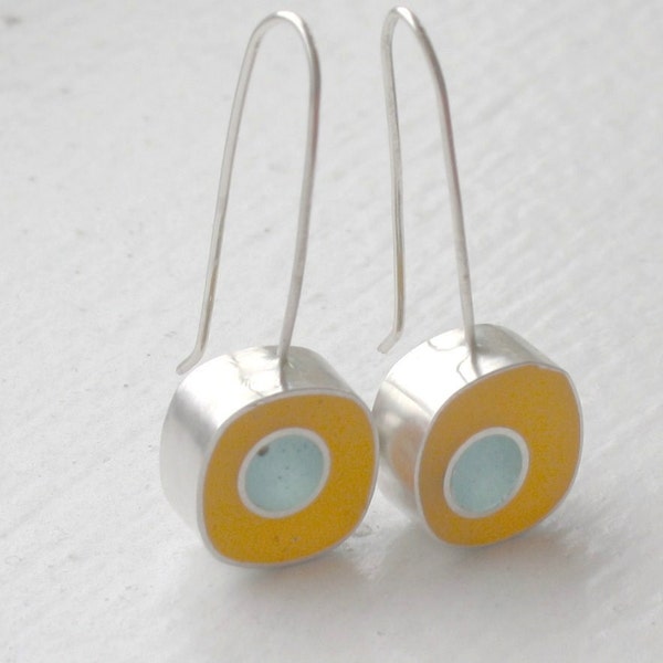 Yellow  Blue Resin and Silver Mod Earrings