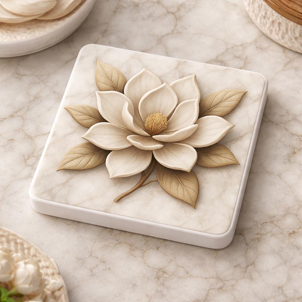 Magnolia Coasters Set of 4 Custom Marble Look Floral Coasters Gift for Grandma