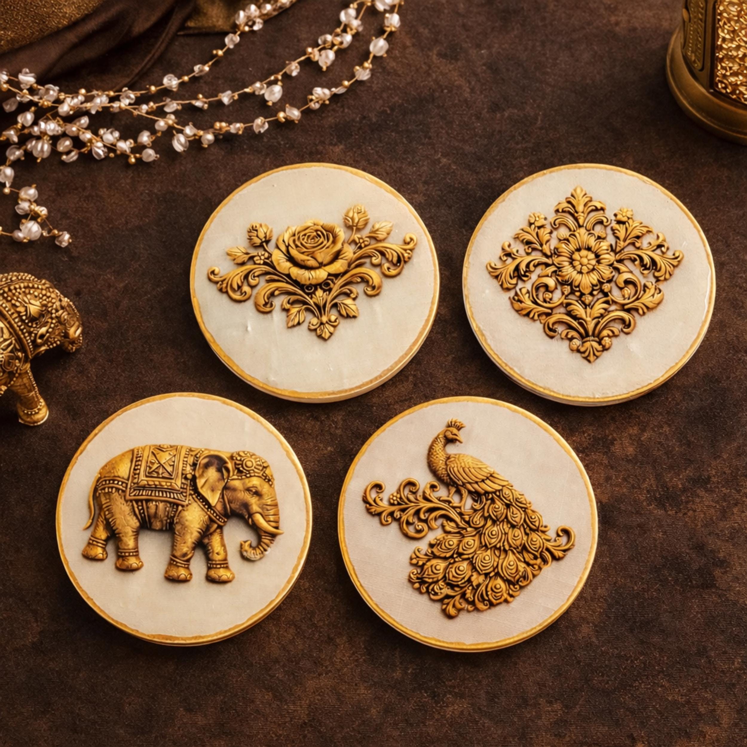 Gold and Beige Drink Coasters Set of 4 Mughal Art Round Table Decor