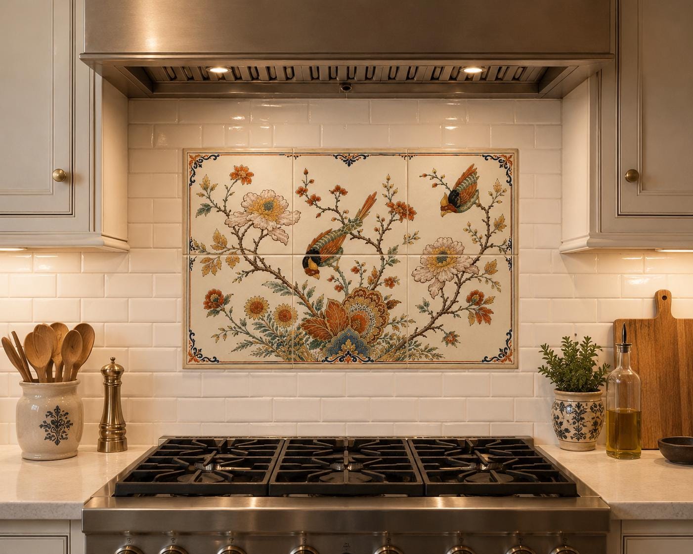 Delft Bird and Floral Tile Mural | Red & Yellow Botanical Art | European art Inspired