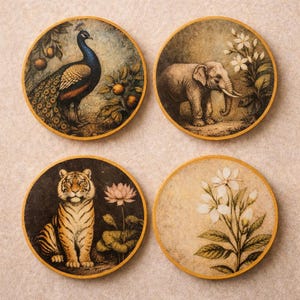 May include: A set of four circular coasters with wooden edges. The first features a peacock near fruit trees, the second an elephant with white flowers, the third a tiger beside a lotus flower, and the fourth a cluster of white blossoms on a beige background.