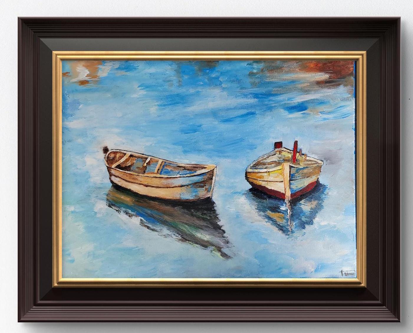 Original Boat Oil Painting: Abstract Lake Landscape, Modern Canvas Art (18x24 inches)