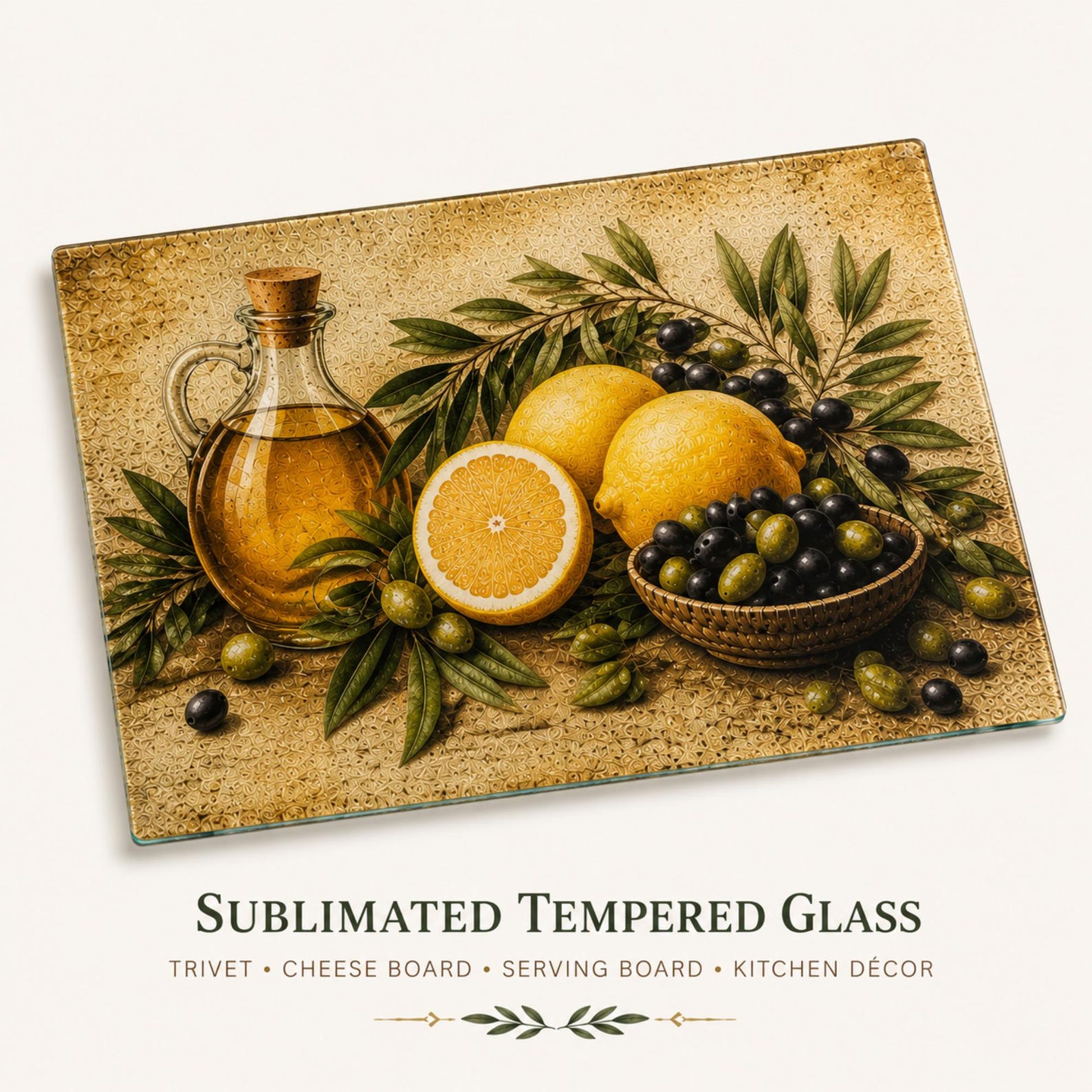 Mediterranean Lemon and Olive Tempered Glass Cutting Board