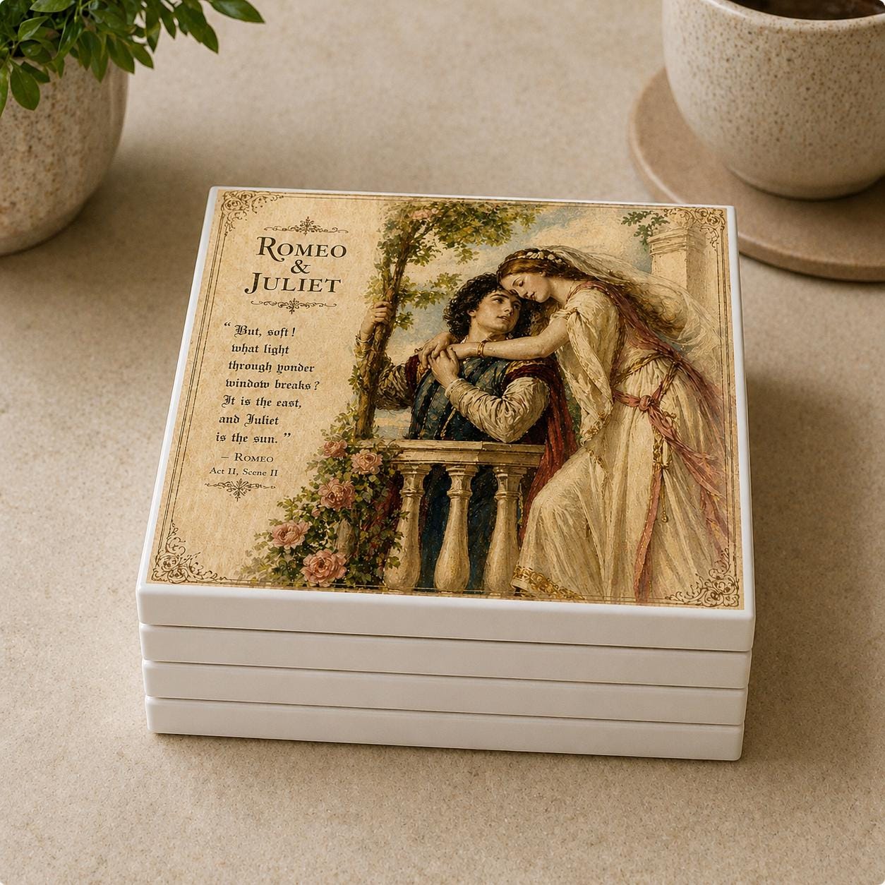 Shakespeare Coasters Set of 4 Literary Gift Book Lover Decor Romeo Juliet Hamlet Macbeth