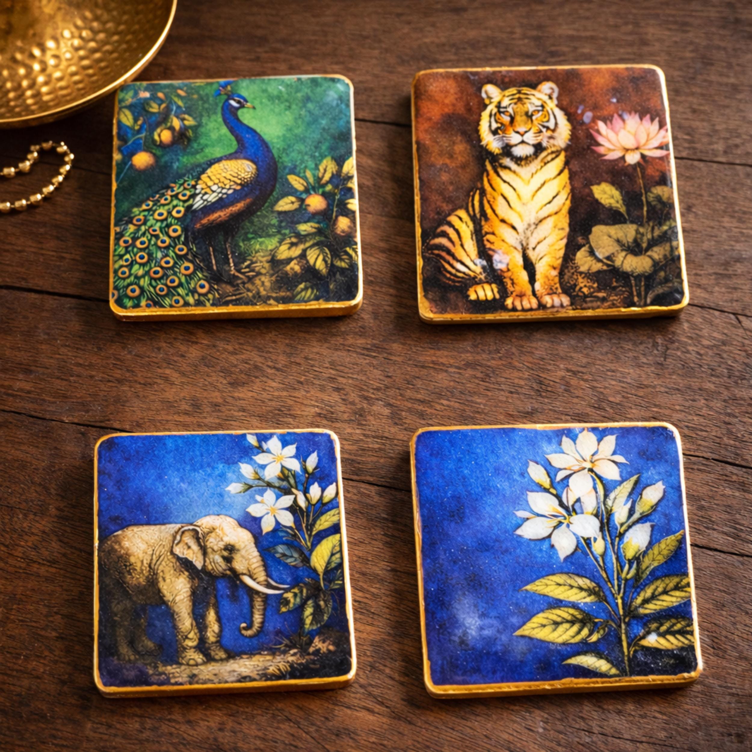 Nature Coaster Set of 4, Peacock Tiger Elephant Drink Coasters, Safari Inspired Set