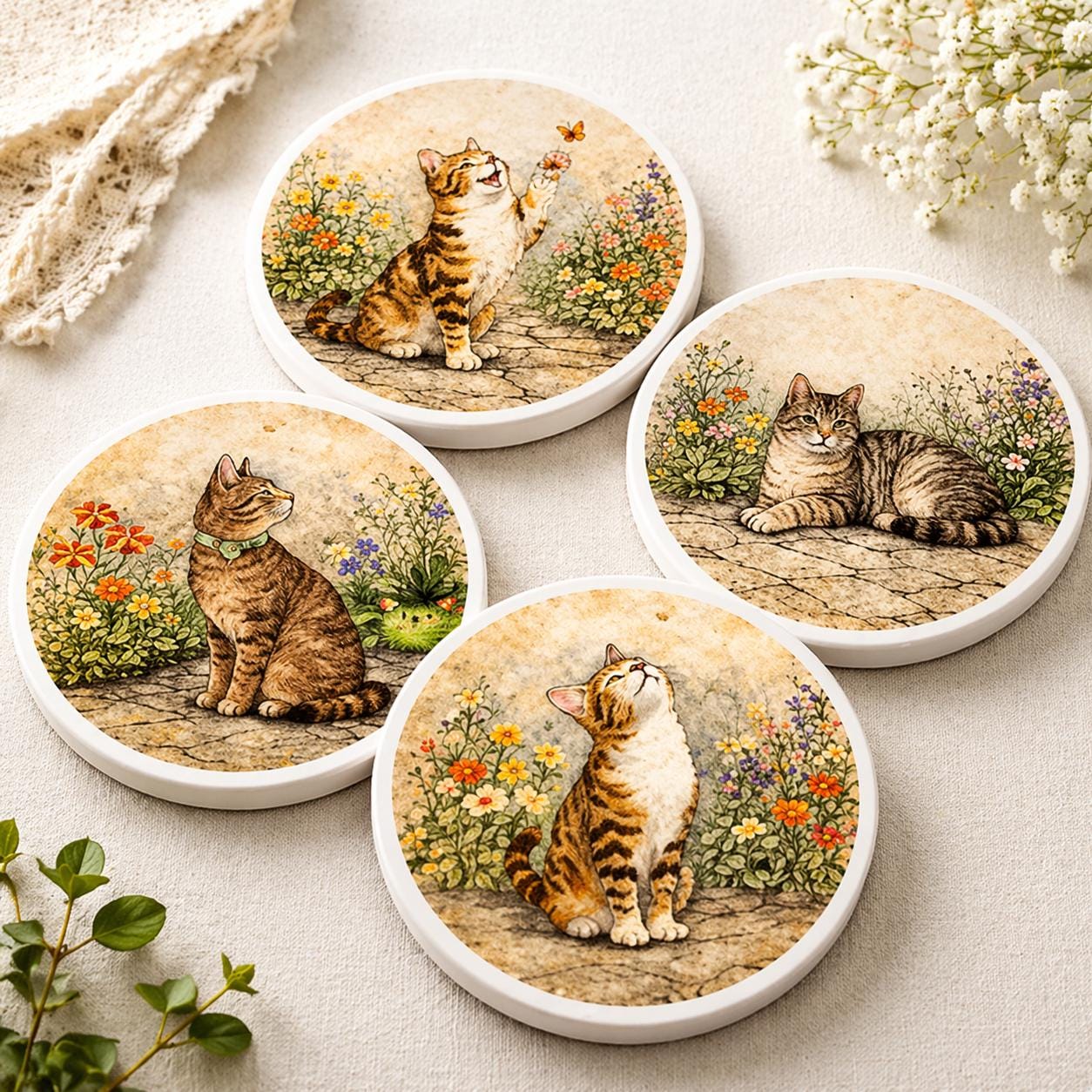 Cat Coasters Set of 4, Vintage Cottagecore Garden Cats, Cat Lover Gift