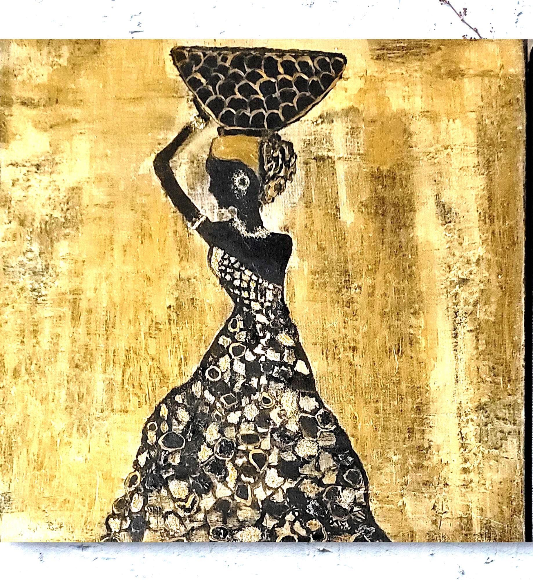 Original Oil Painting African Water Carrier – Abstract Figurative Wall Art – 12x12 Canvas