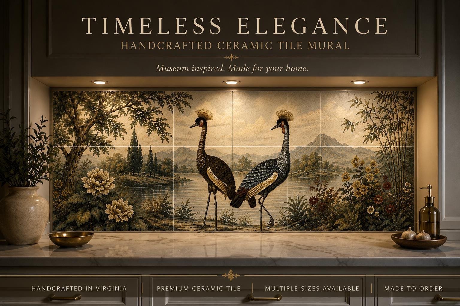 Crane Panoramic Ceramic Tile Mural | Multiple Sizes | Museum-Inspired Wall Art | Kitchen Backsplash Decor