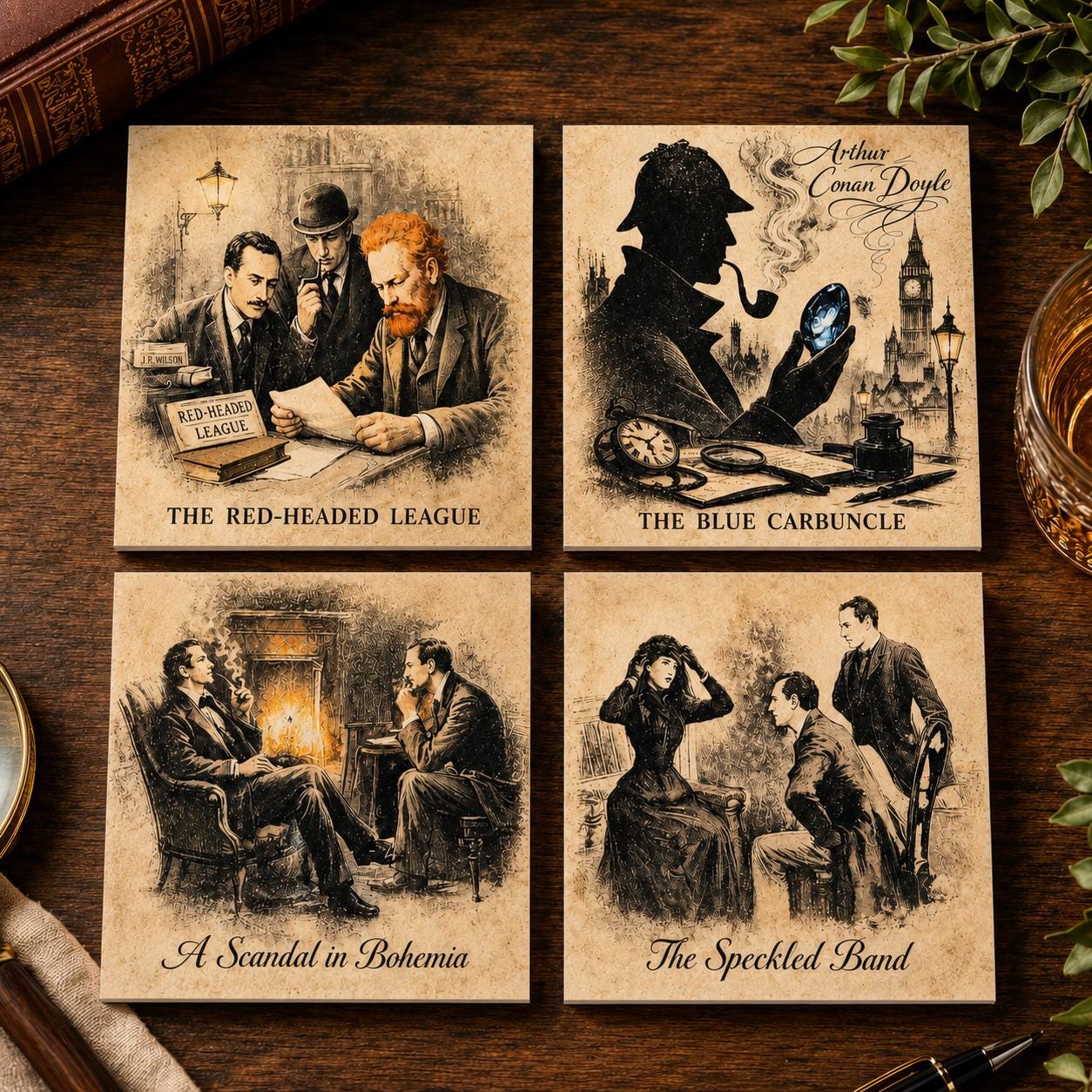 Sherlock Holmes Coasters Set of 4 Book Lover Fathers Day Gift Mystery Bookish Decor