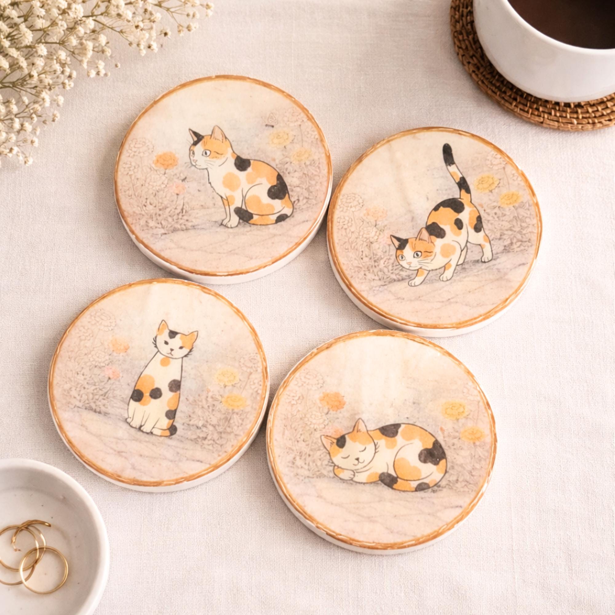 Cat Coaster Set of 4, Handmade Calico Decor, Gift for Cat Lovers