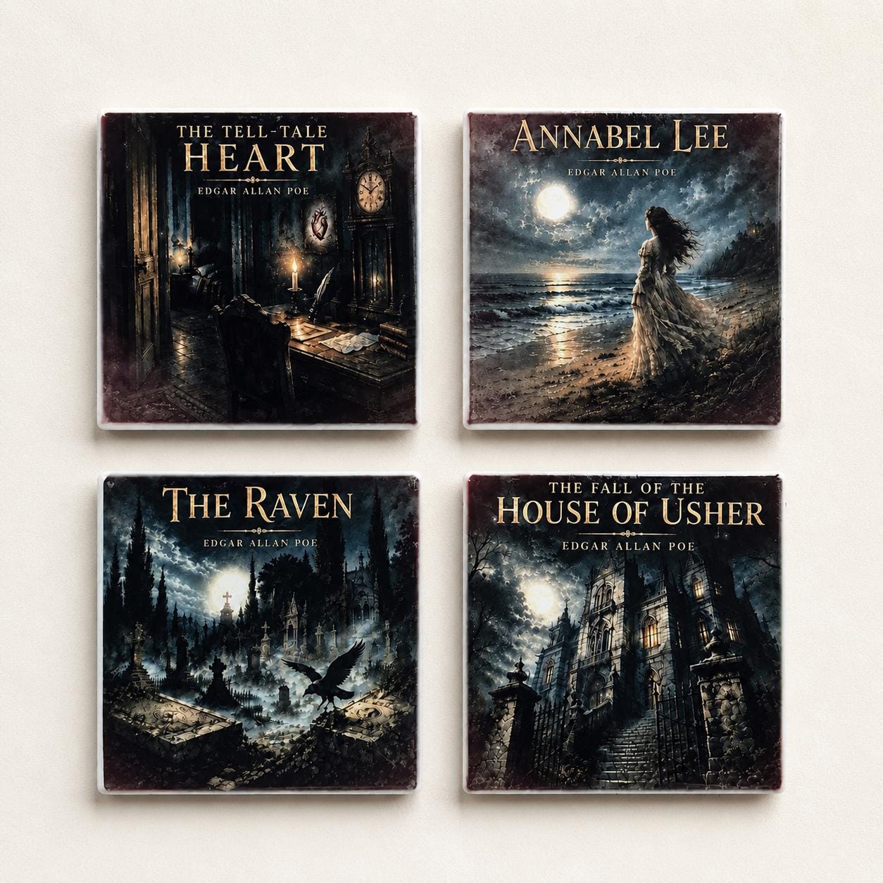 Edgar Allan Poe Coasters Set of 4 | Gothic Literary Book Coasters