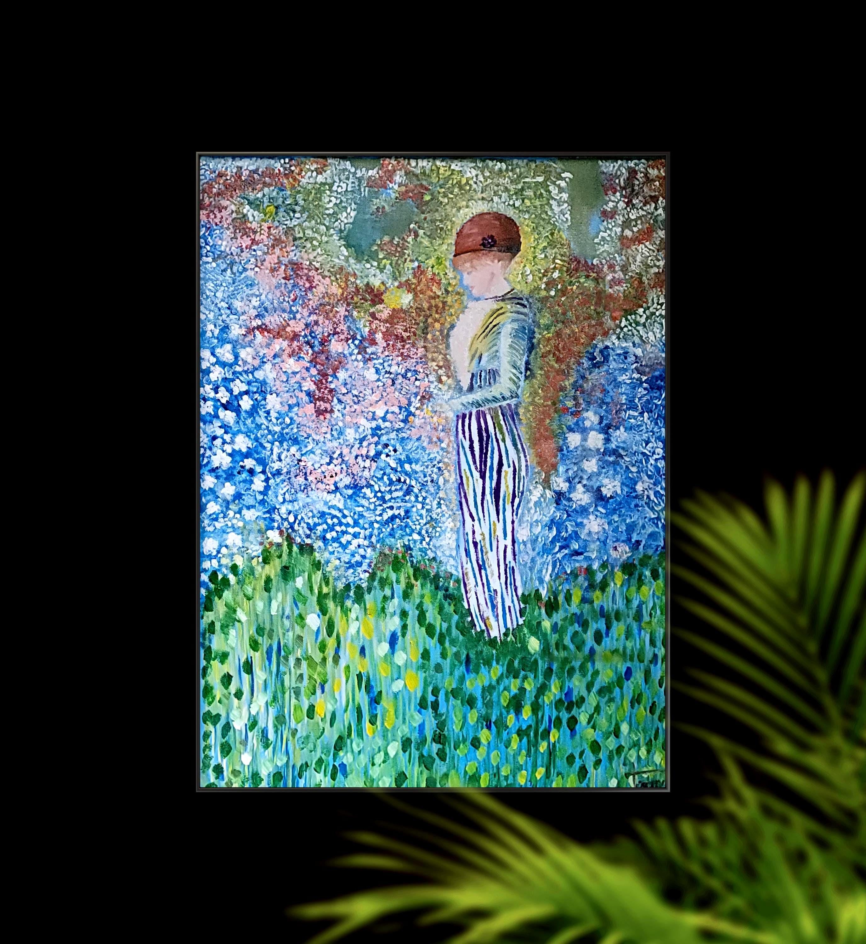 Woman in Garden Oil Painting, Abstract Impressionist Landscape, 18x24 Canvas
