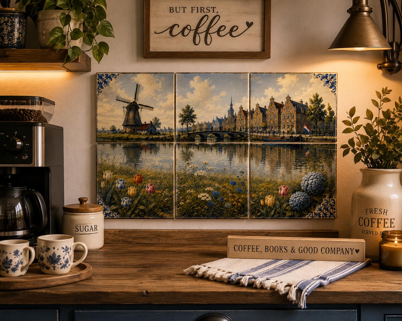 Delft Blue Tile Mural Set of 6 | Dutch Canal Blue White Ceramic Wall Art