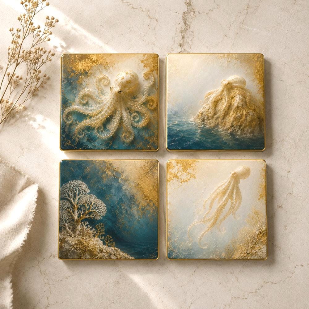 Luxury Coastal Octopus Coasters Set of 4 Nautical Ocean Decor