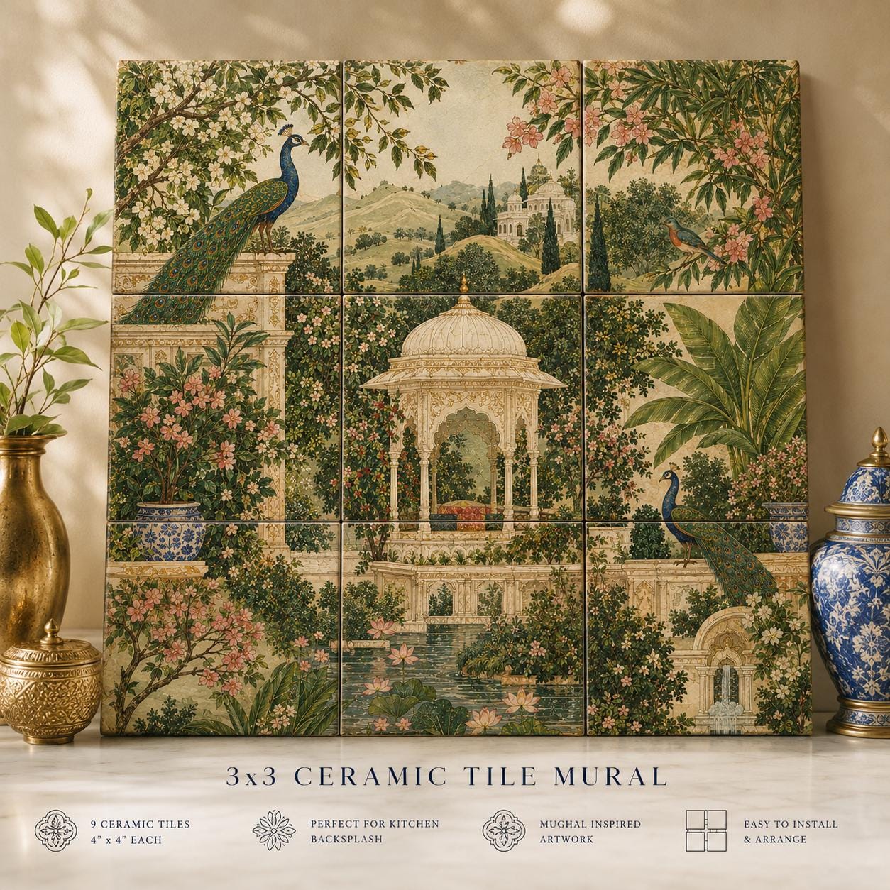 Decorative Tile Mural | Mughal Garden Peacock Palace Backsplash | Botanical Kitchen Ceramic Wall Art