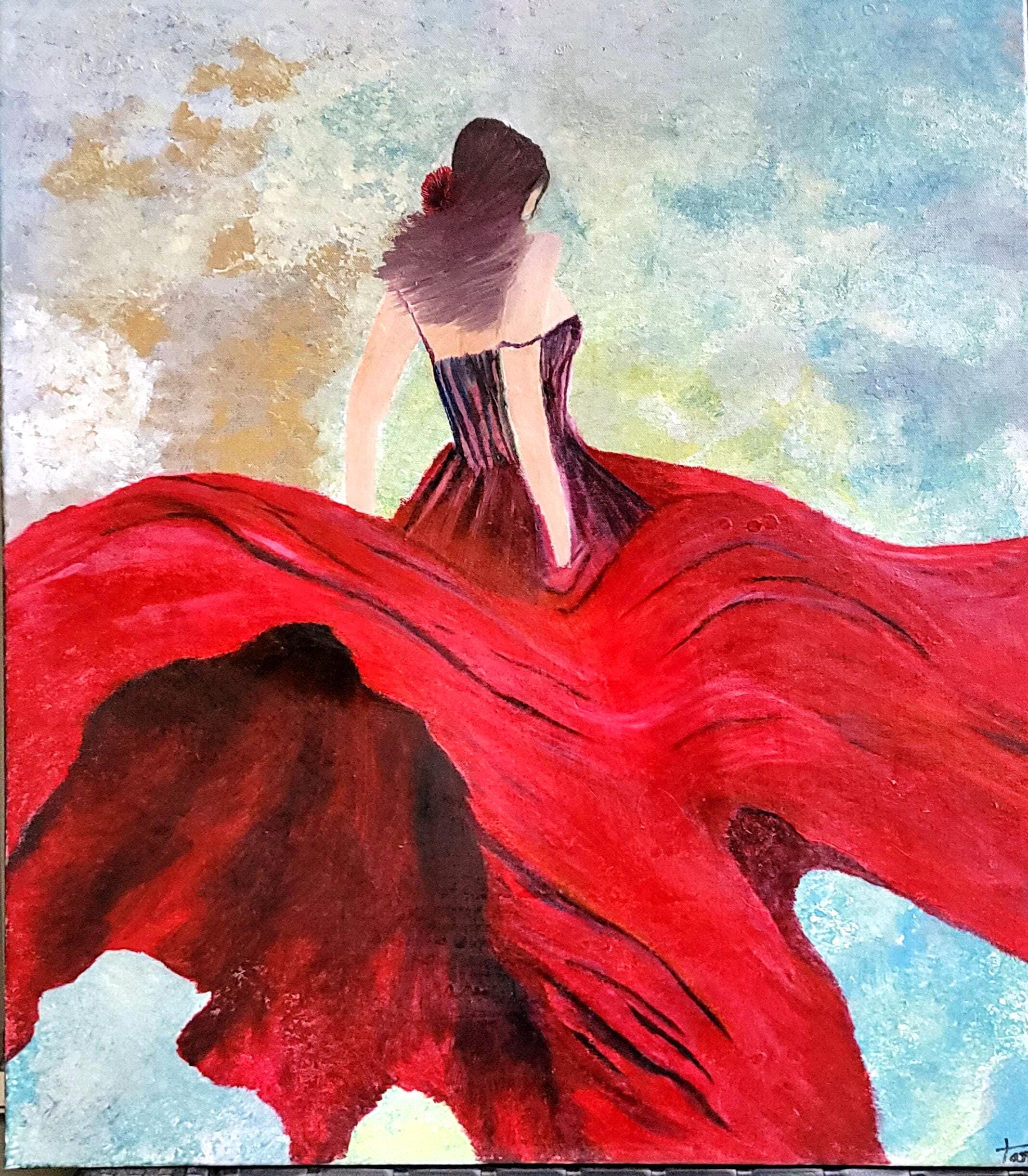 Original Red Dress Dancer Oil Painting, Expressive Contemporary Wall Art, 24x30 Canvas