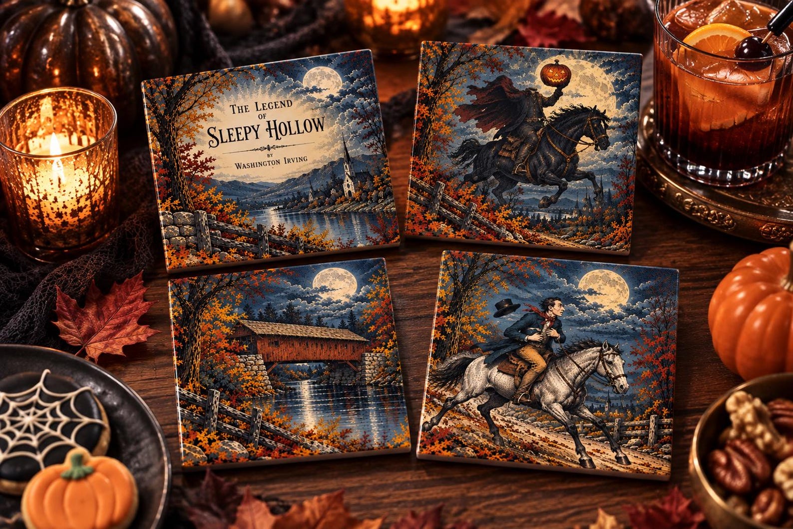 Sleepy Hollow Coasters Set of 4 | Washington Irving Literary Halloween Decor | Autumn Ceramic Coasters