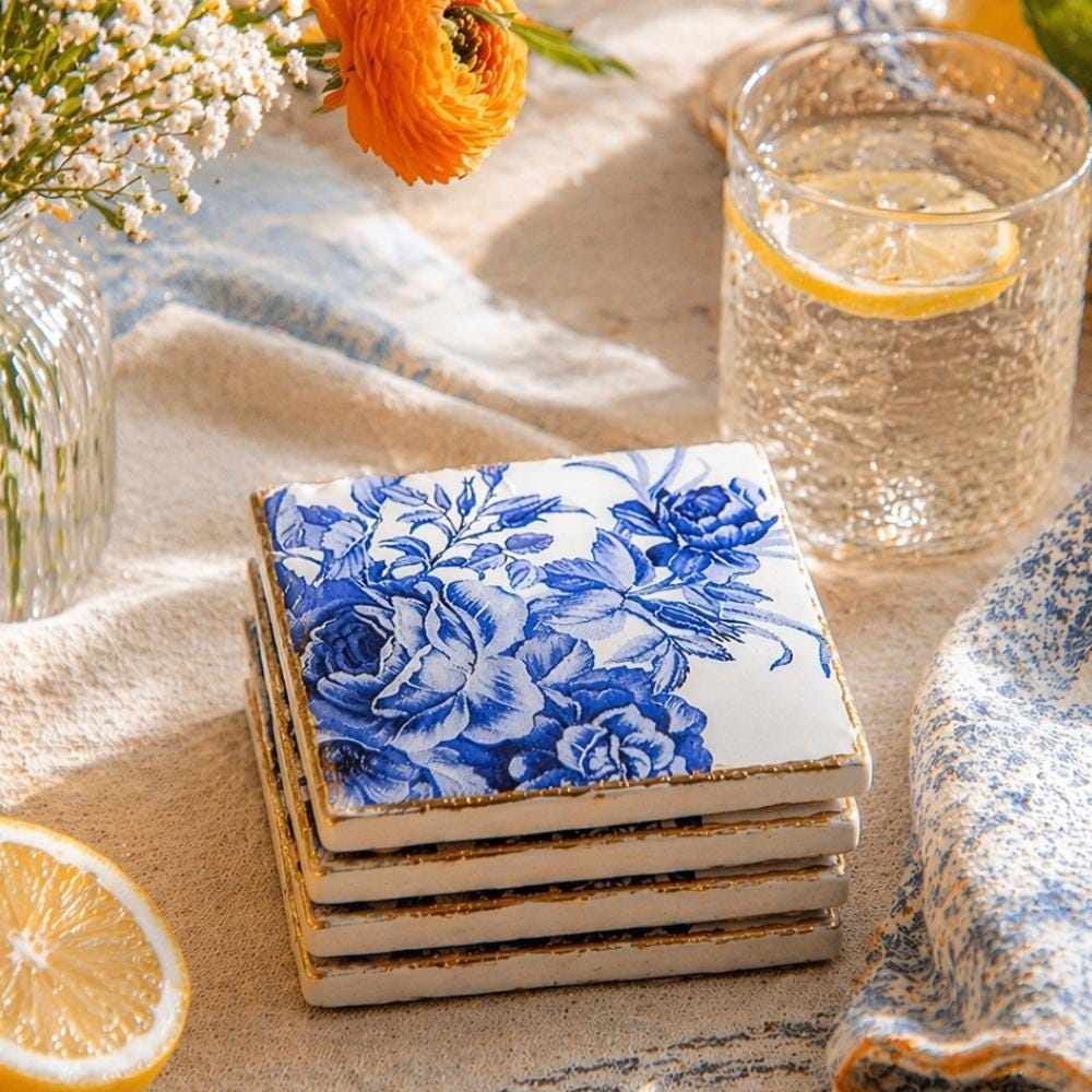 Blue Willow Floral Coasters Set, Chinoiserie Ceramic Resin, Gold Edge Grandmillenial Decor