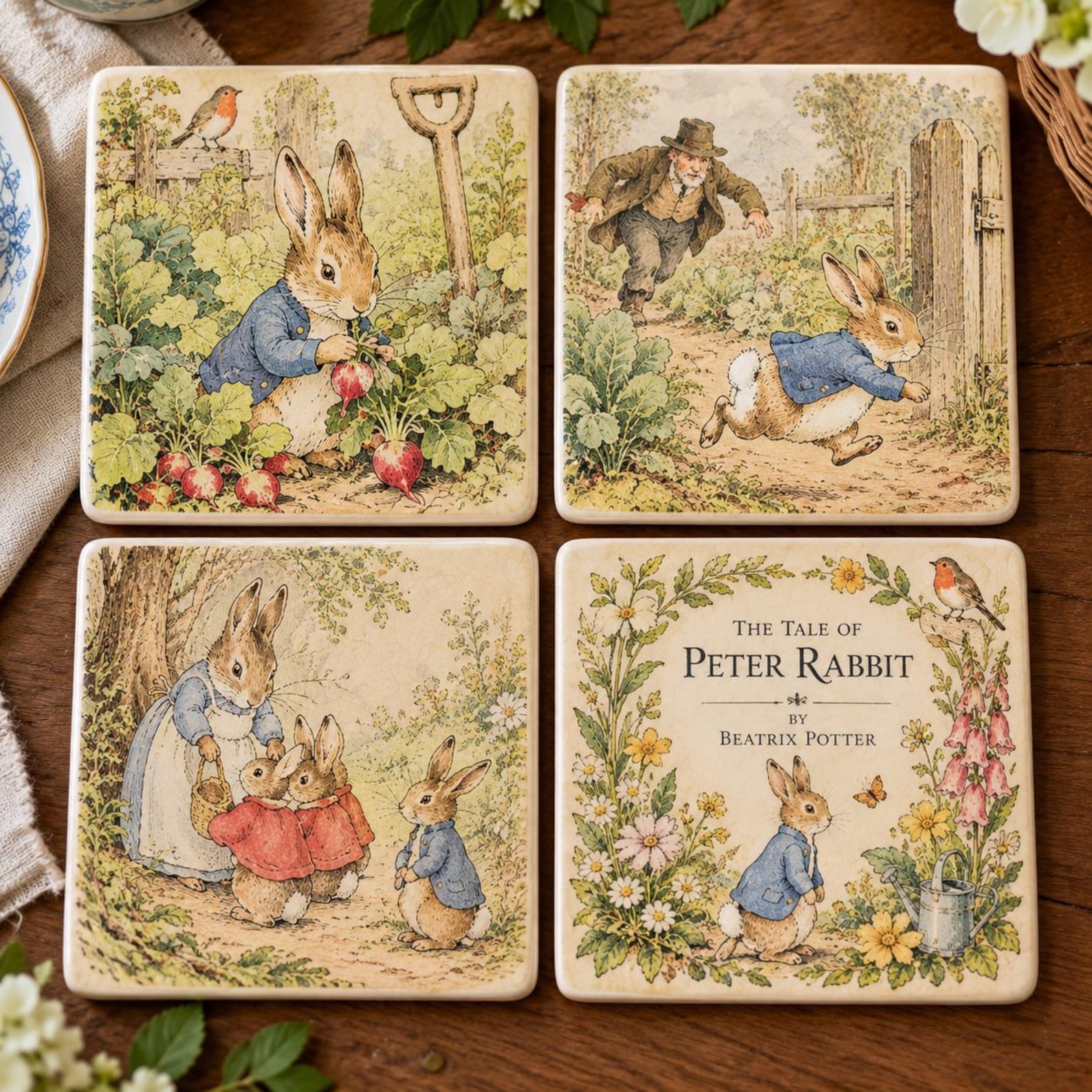 Peter Rabbit Coasters Set of 4 | Beatrix Potter Literary Gift | Vintage Easter & Spring Decor