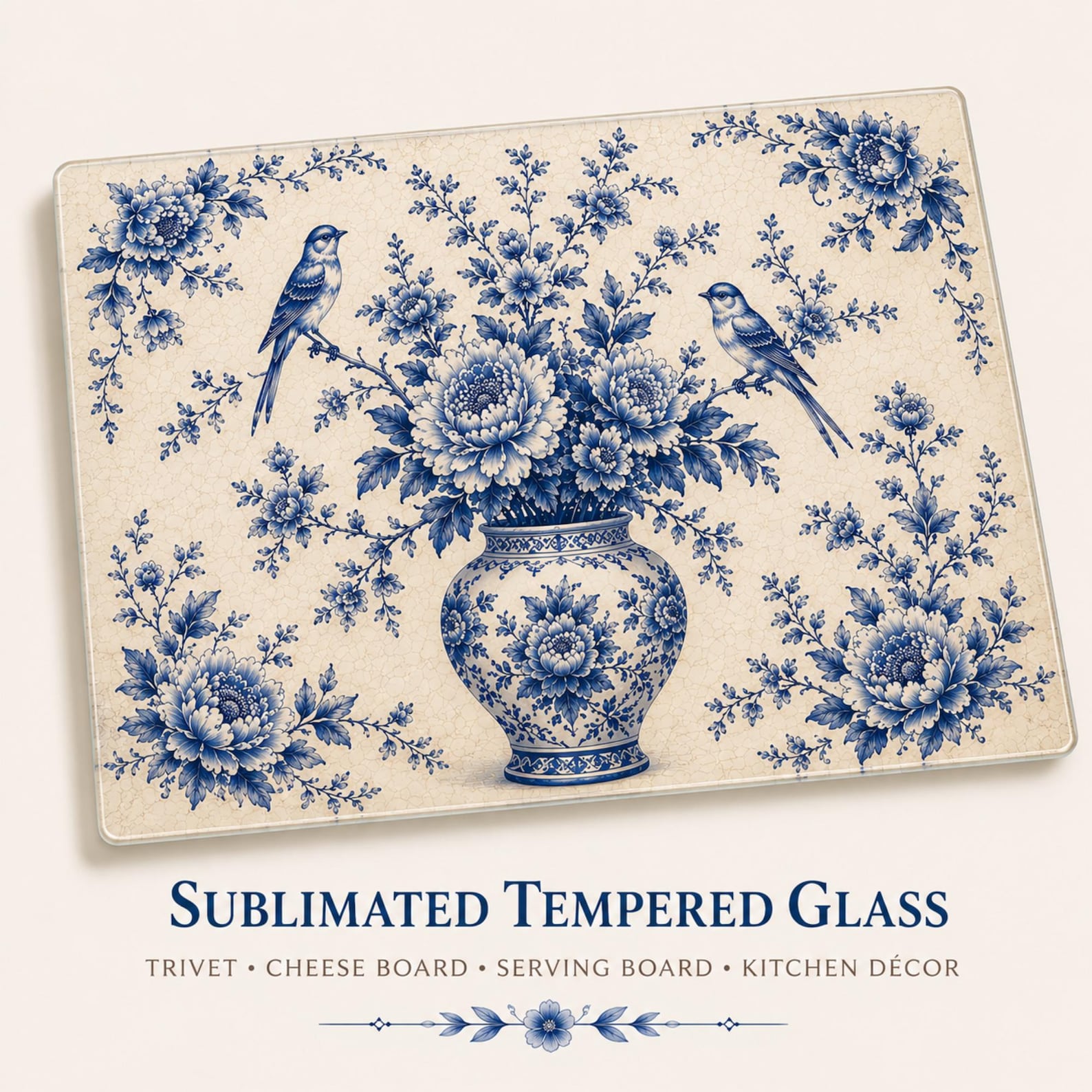 Blue and Ivory Delft Tempered Glass Board