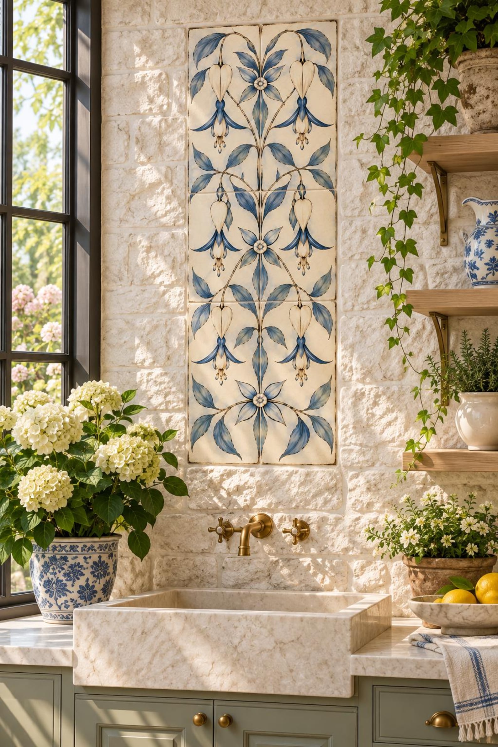 Blue Botanical Tile Mural | Vintage Floral Ceramic Wall Accent